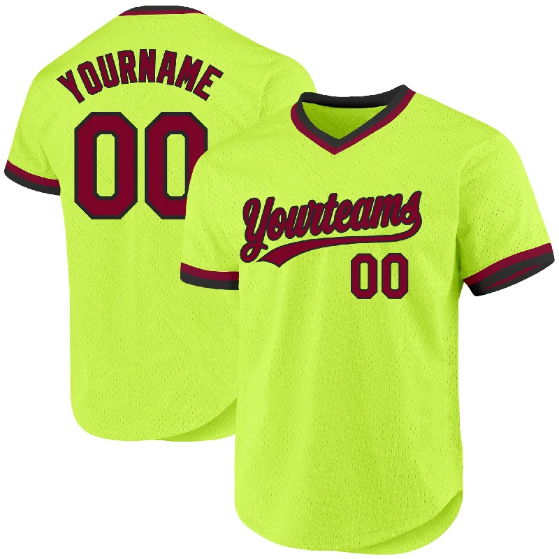 Custom Baseball Jerseys For Limited-Time Offers-Custom Neon Green Maroon-Black Authentic Throwback Baseball Jersey