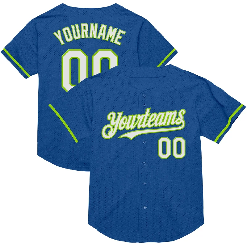 Custom Baseball Jerseys For Competitive Schools-Custom Blue White-Neon Green Mesh Authentic Throwback Baseball Jersey