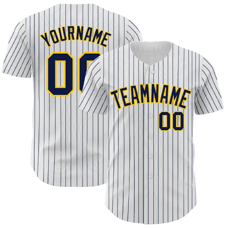 Baseball Jerseys For Team Anniversaries-Custom White Navy Pinstripe Yellow Authentic Baseball Jersey