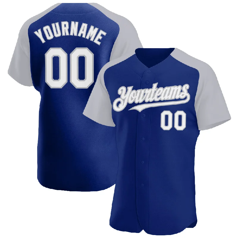 Custom Baseball Jerseys For Club Competitions-Custom Royal White-Gray Authentic Raglan Sleeves Baseball Jersey