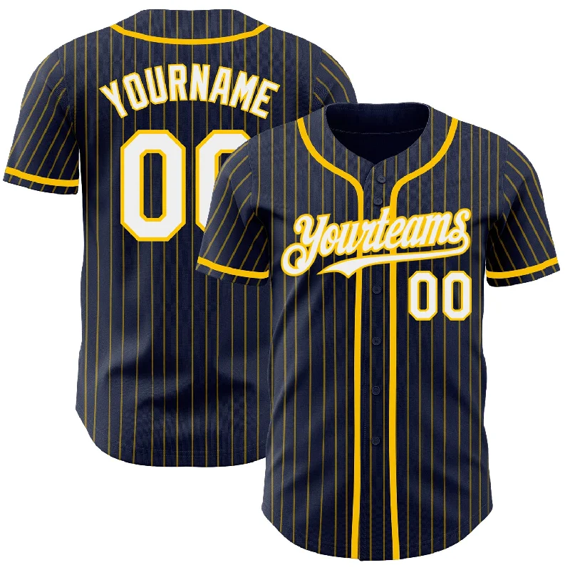 Personalized Baseball Jerseys For Birthday Gifts-Custom Navy Yellow Pinstripe White Authentic Baseball Jersey