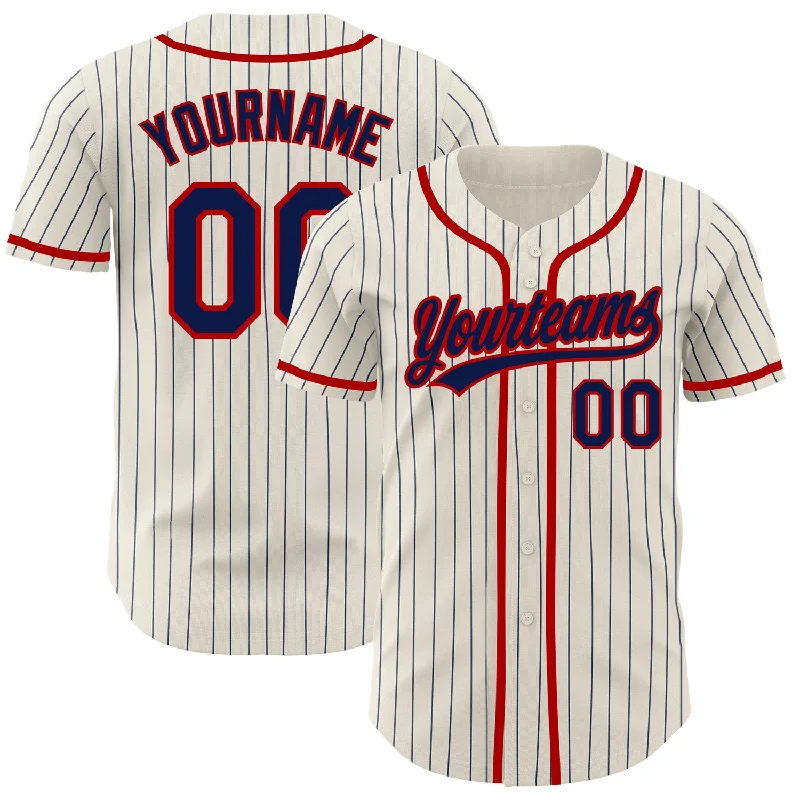 Baseball Jerseys For Custom Player Recognition-Custom Cream Navy Pinstripe Red Authentic Baseball Jersey