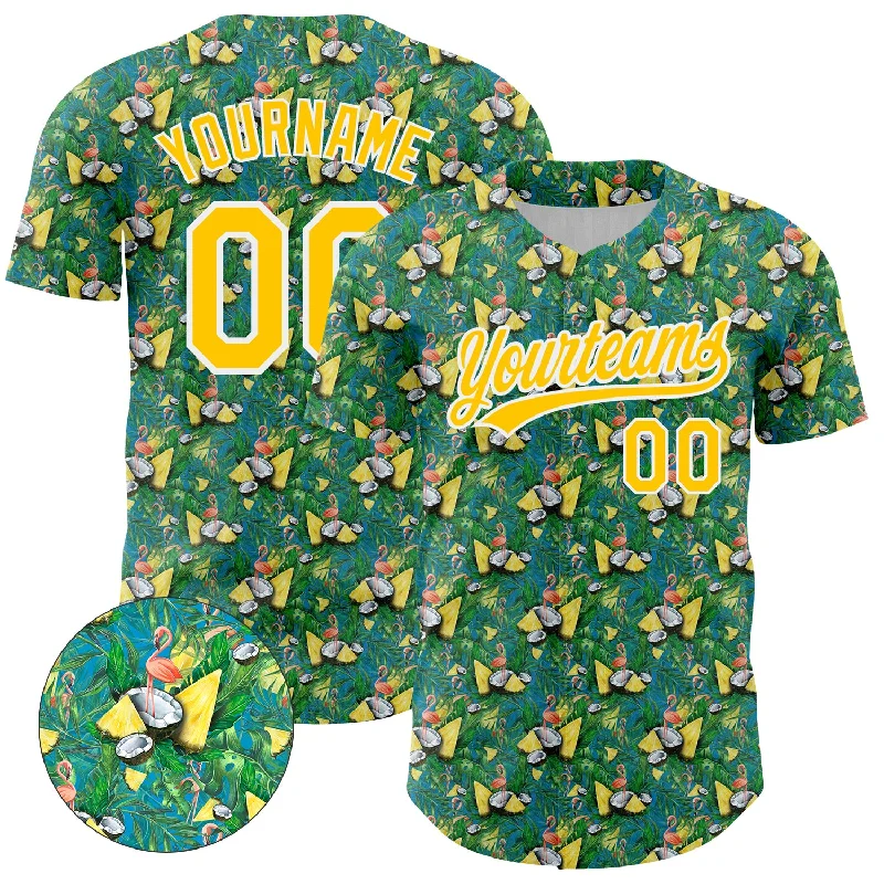 Custom Baseball Jerseys For Local Players-Custom Green White-Yellow 3D Pattern Design Animal Flamingo And Hawaii Palm Leaves Authentic Baseball Jersey