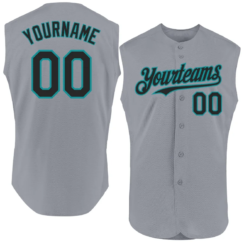 Custom Baseball Jerseys For Club Competitions-Custom Gray Black-Teal Authentic Sleeveless Baseball Jersey