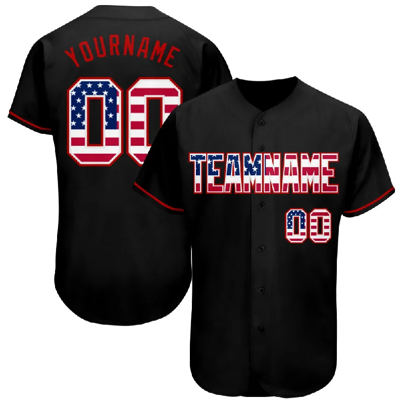 Custom Baseball Jerseys For Supporter Gifts-Custom Black USA Flag-Red Authentic Baseball Jersey