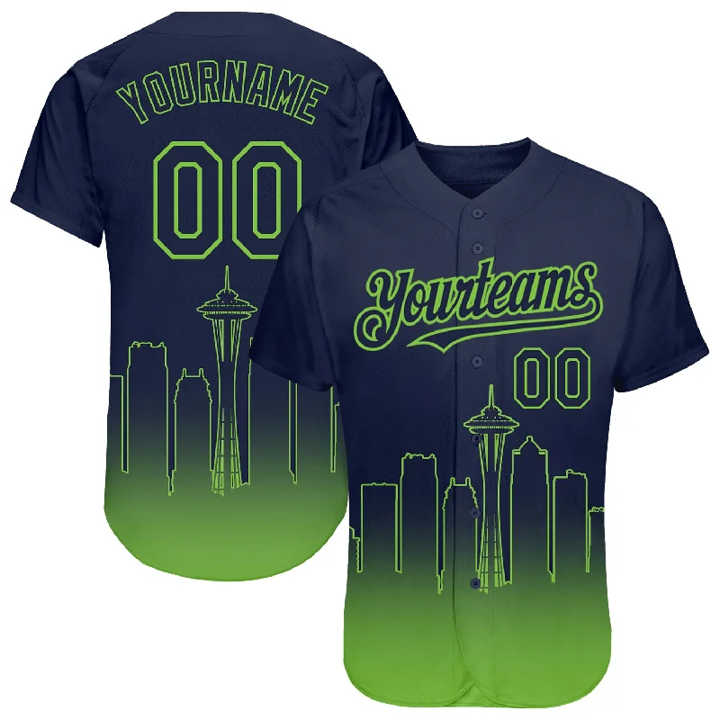 Baseball Jerseys For Sponsorship Recognition-Custom Navy Neon Green 3D Seattle City Edition Fade Fashion Authentic Baseball Jersey