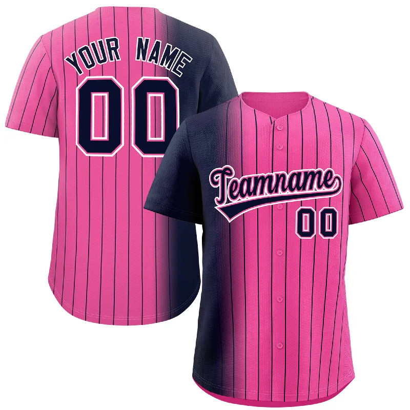 Baseball Jerseys With Custom Logos & Emblems-Custom Pink Navy Pinstripe Personalized Gradient Authentic Baseball Jersey