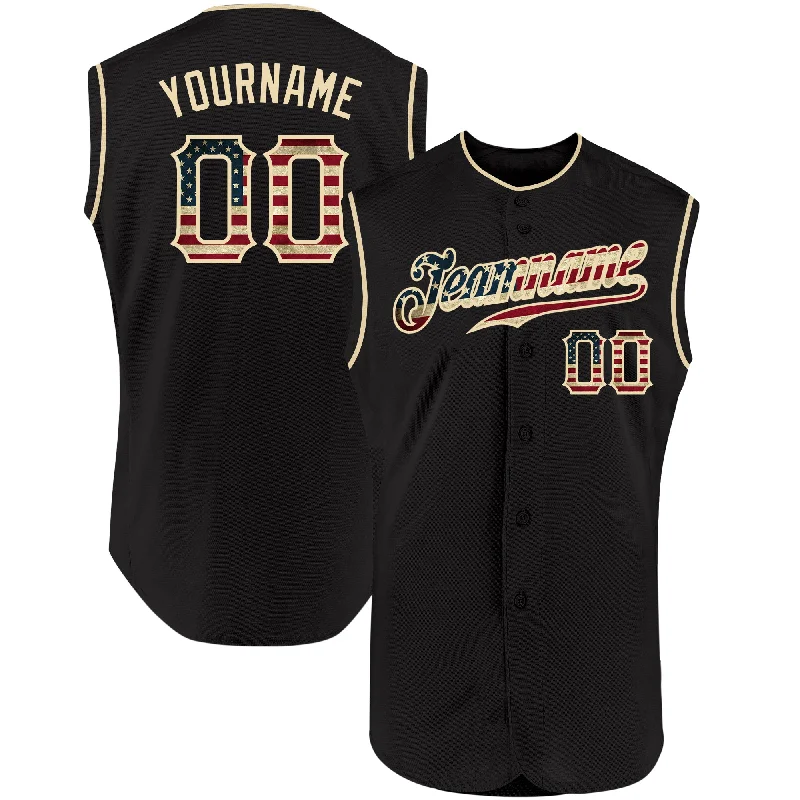 Custom Baseball Jerseys For Special League Events-Custom Black Vintage USA Flag-Cream Authentic Sleeveless Baseball Jersey