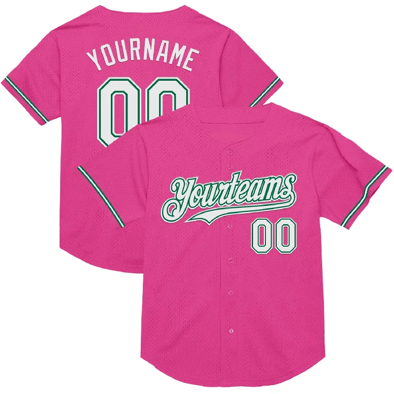 Custom Baseball Jerseys For Group Recognition-Custom Pink White-Kelly Green Mesh Authentic Throwback Baseball Jersey