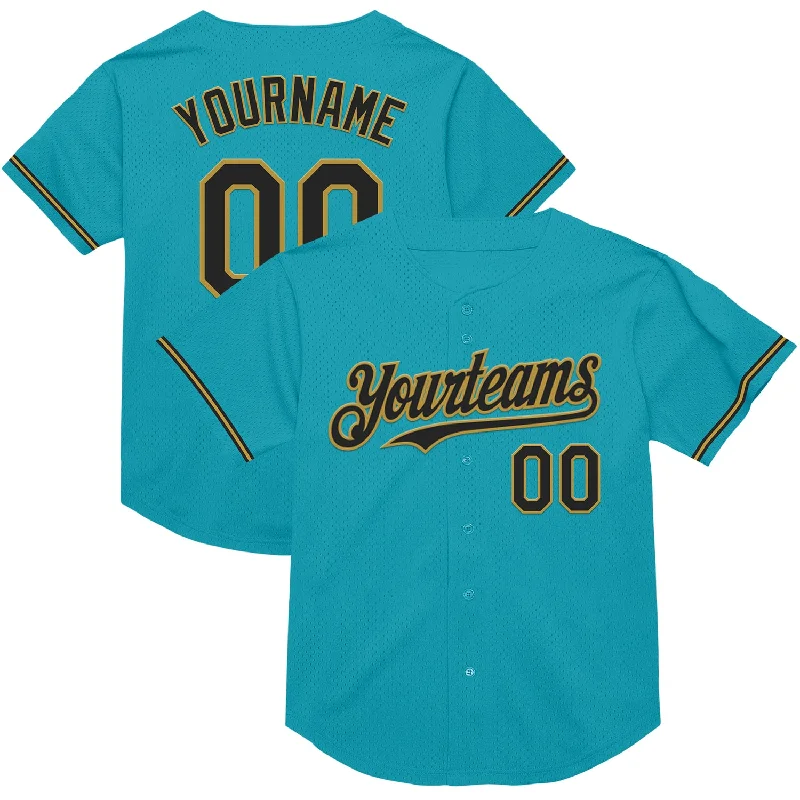 Custom Baseball Jerseys For Sports Camps-Custom Teal Black-Old Gold Mesh Authentic Throwback Baseball Jersey