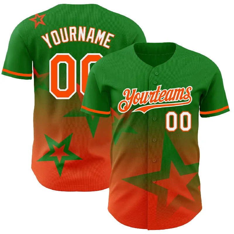 Custom Baseball Jerseys With Bold Fonts-Custom Grass Green Orange-White 3D Pattern Design Gradient Style Twinkle Star Authentic Baseball Jersey