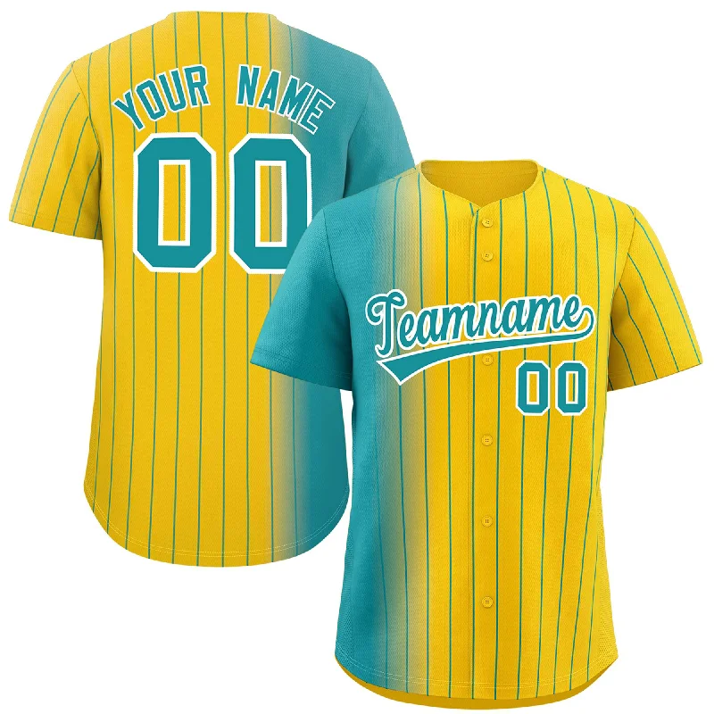 Custom Baseball Jerseys For Local Fans-Custom Gold Aqua Pinstripe Personalized Gradient Authentic Baseball Jersey