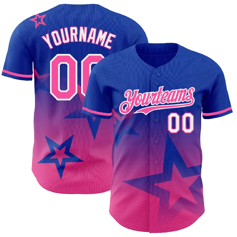 Custom Baseball Jerseys For International Tournaments-Custom Thunder Blue Pink-White 3D Pattern Design Gradient Style Twinkle Star Authentic Baseball Jersey