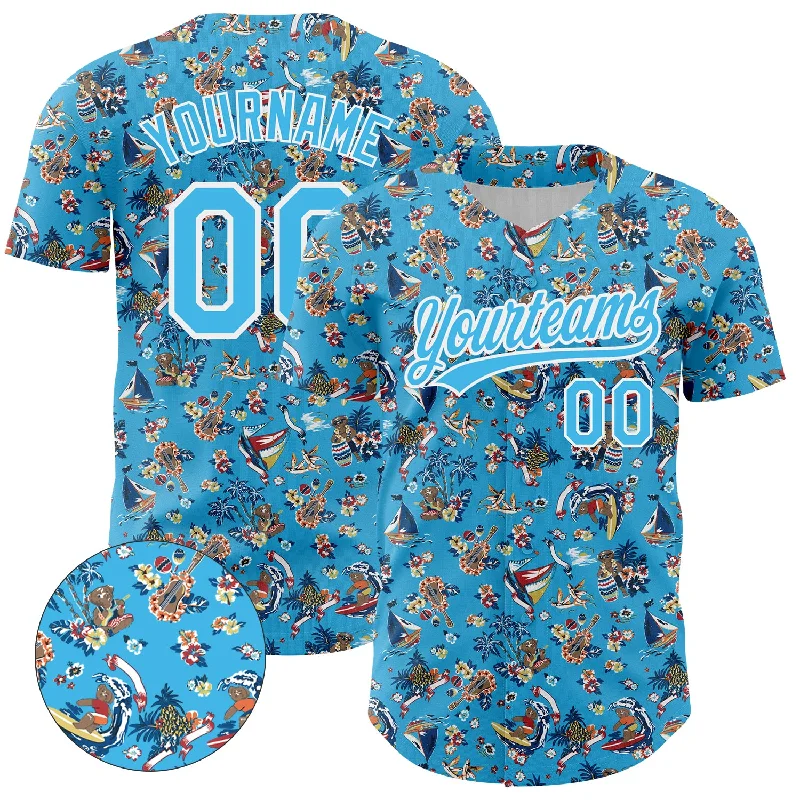 Personalized Baseball Jerseys For Fan Customization-Custom Sky Blue White 3D Pattern Design Animal Bear And Hawaii Palm Trees Authentic Baseball Jersey