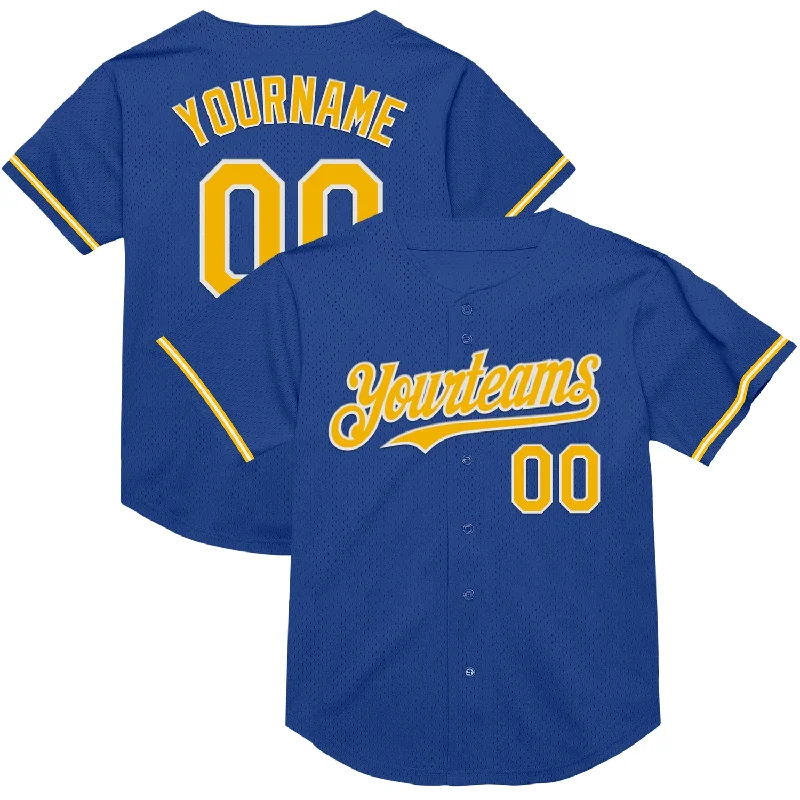 Personalized Baseball Jerseys For Large Groups-Custom Royal Gold-White Mesh Authentic Throwback Baseball Jersey