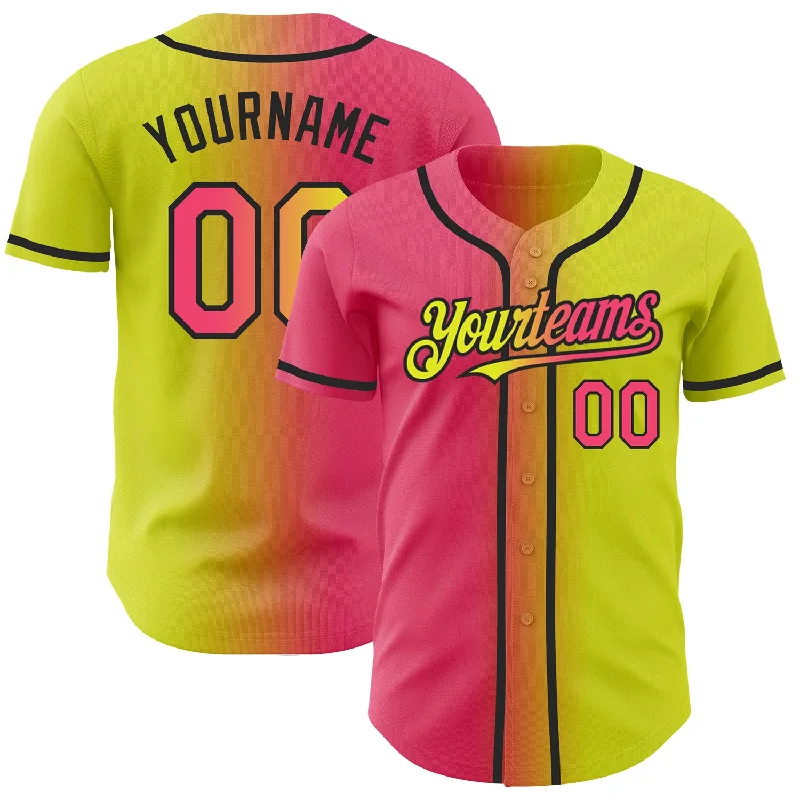 Personalized Baseball Jerseys For School Teams-Custom Neon Yellow Neon Pink-Black Authentic Gradient Fashion Baseball Jersey