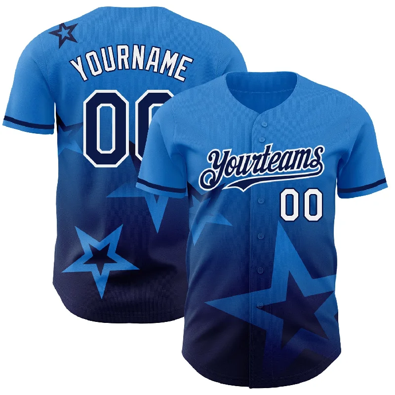 Personalized Baseball Jerseys For Local Supporters-Custom Electric Blue Navy-White 3D Pattern Design Gradient Style Twinkle Star Authentic Baseball Jersey