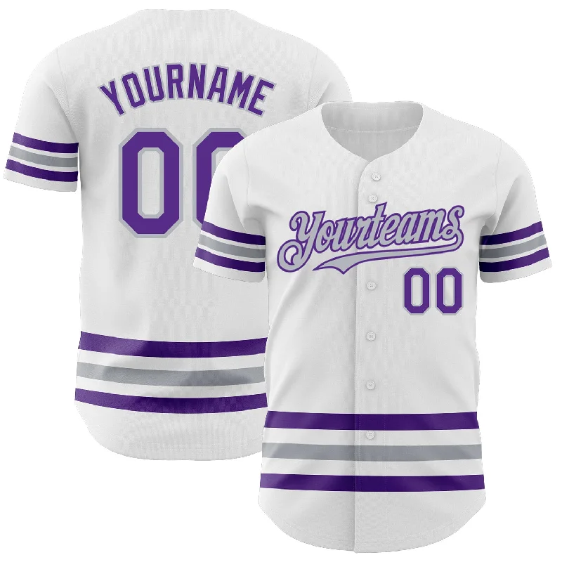 Baseball Jerseys With Custom Sleeve Printing-Custom White Purple-Gray Line Authentic Baseball Jersey