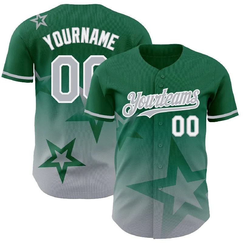 Custom Baseball Jerseys For Youth Teams-Custom Kelly Green Gray-White 3D Pattern Design Gradient Style Twinkle Star Authentic Baseball Jersey