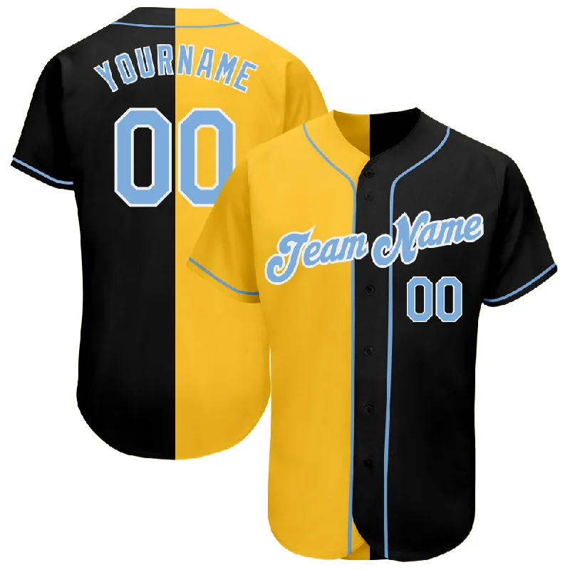 Custom Baseball Jerseys For School Competitions-Custom Black Light Blue-Yellow Authentic Split Fashion Baseball Jersey