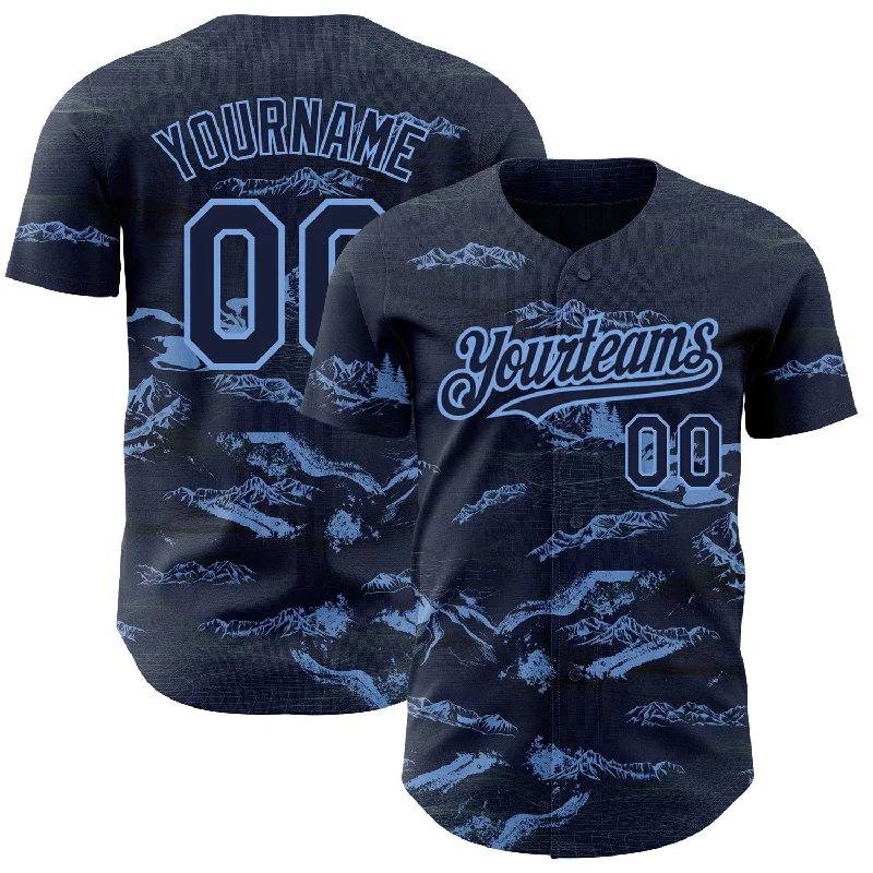 Custom Baseball Jerseys For Charity Events-Custom Navy Light Blue 3D Pattern Design Mountain Authentic Baseball Jersey