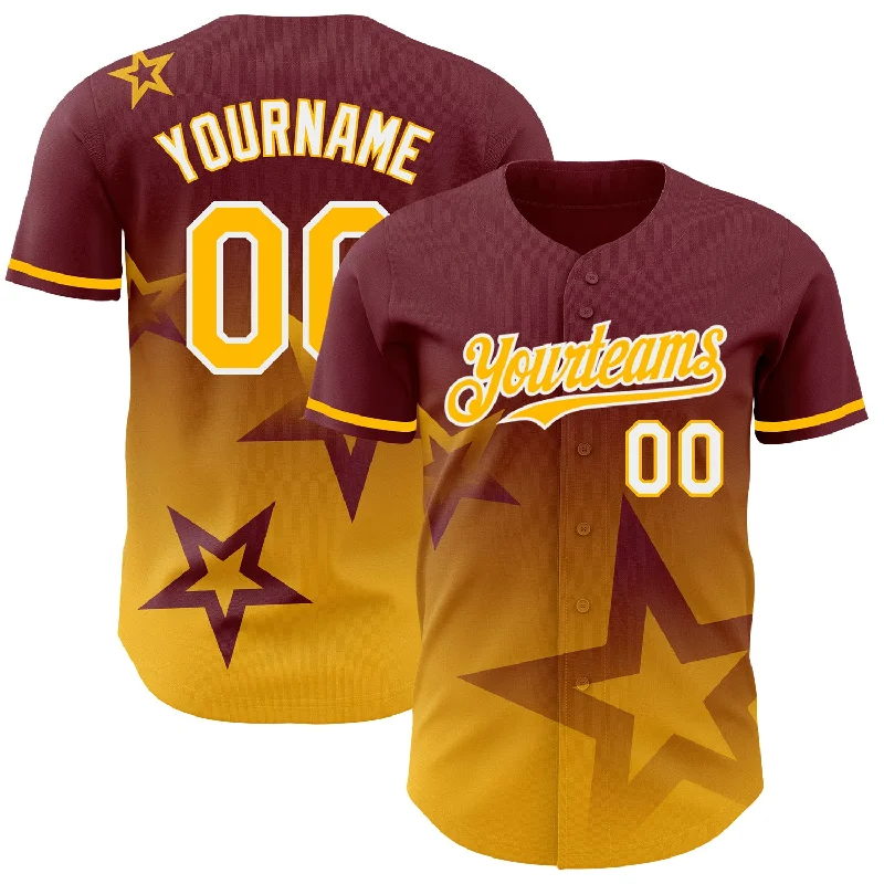 Personalized Baseball Jerseys For Special Guests-Custom Burgundy Gold-White 3D Pattern Design Gradient Style Twinkle Star Authentic Baseball Jersey