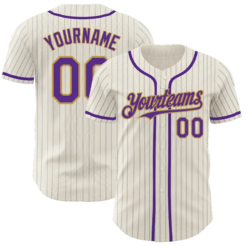 Baseball Jerseys For Special Team Events-Custom Cream Gray Pinstripe Purple-Old Gold Authentic Baseball Jersey