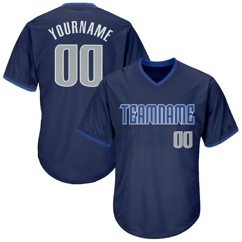 Baseball Jerseys With Embroidered Player Numbers-Custom Navy Gray-Blue Authentic Throwback Rib-Knit Baseball Jersey Shirt