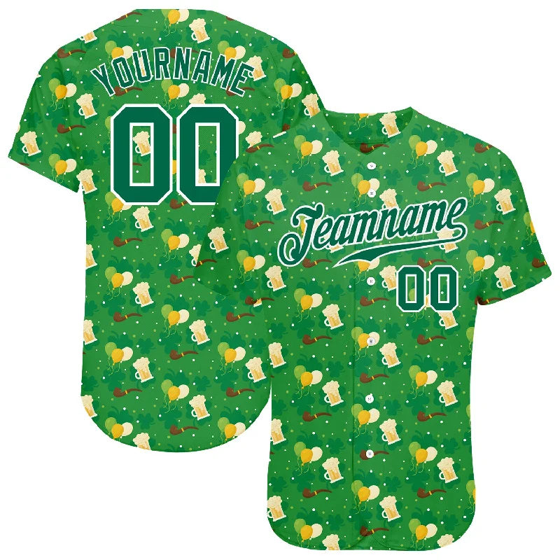 Baseball Jerseys For Team Celebrations-Custom Kelly Green Kelly Green-White 3D Pattern Design Authentic St. Patrick's Day Baseball Jersey