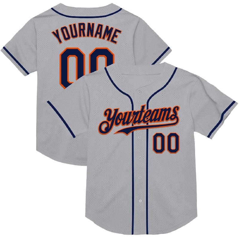 Custom Baseball Jerseys With Text & Logo-Custom Gray Navy-Orange Mesh Authentic Throwback Baseball Jersey