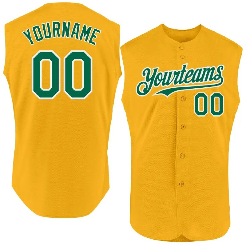 Custom Baseball Jerseys With Embroidered Names-Custom Gold Kelly Green-White Authentic Sleeveless Baseball Jersey