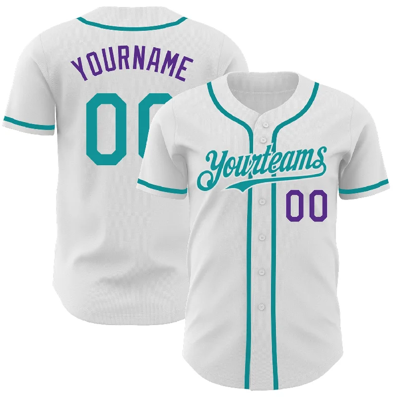 Personalized Baseball Jerseys For Player Gifts-Custom White Teal-Purple Authentic Baseball Jersey