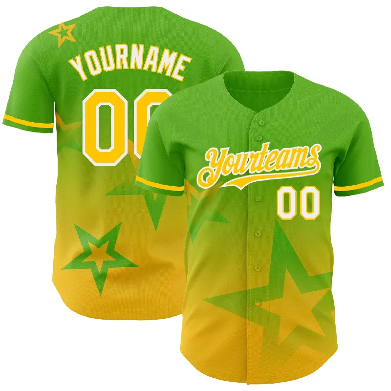 Baseball Jerseys With Player Names & Numbers-Custom Aurora Green Yellow-White 3D Pattern Design Gradient Style Twinkle Star Authentic Baseball Jersey