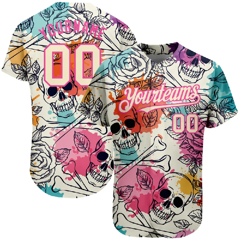 Baseball Jerseys For Personalized Team Apparel-Custom Cream Pink-Black 3D Flower And Skull Fashion Authentic Baseball Jersey