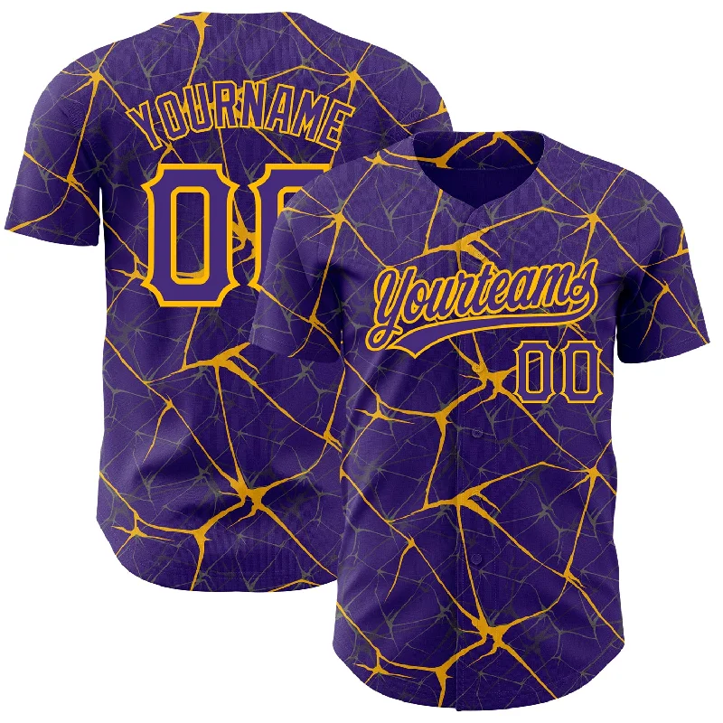 Custom Baseball Jerseys For Limited-Time Offers-Custom Purple Gold 3D Pattern Design Abstract Network Authentic Baseball Jersey