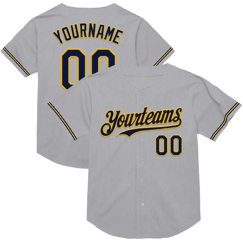 Personalized Baseball Jerseys For Group Orders-Custom Gray Navy-Gold Mesh Authentic Throwback Baseball Jersey