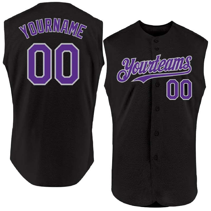 Baseball Jerseys With Custom Number Placement-Custom Black Purple-Gray Authentic Sleeveless Baseball Jersey