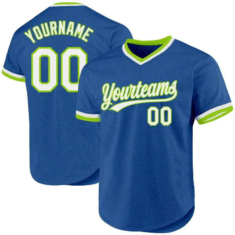 Custom Baseball Jerseys For Regional Tournaments-Custom Blue White-Neon Green Authentic Throwback Baseball Jersey