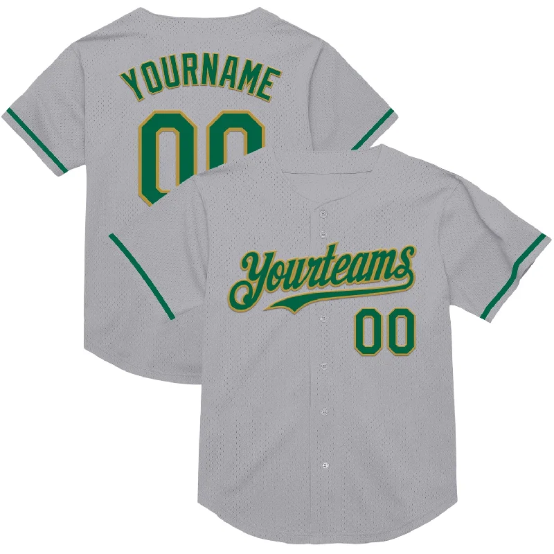 Personalized Baseball Jerseys For Fundraisers-Custom Gray Kelly Green-Old Gold Mesh Authentic Throwback Baseball Jersey