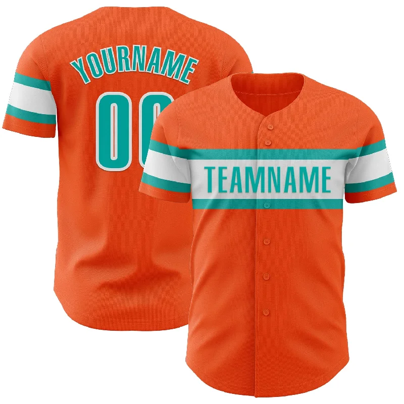 Custom Baseball Jerseys With Custom Sleeve Text-Custom Orange Aqua-White Authentic Baseball Jersey