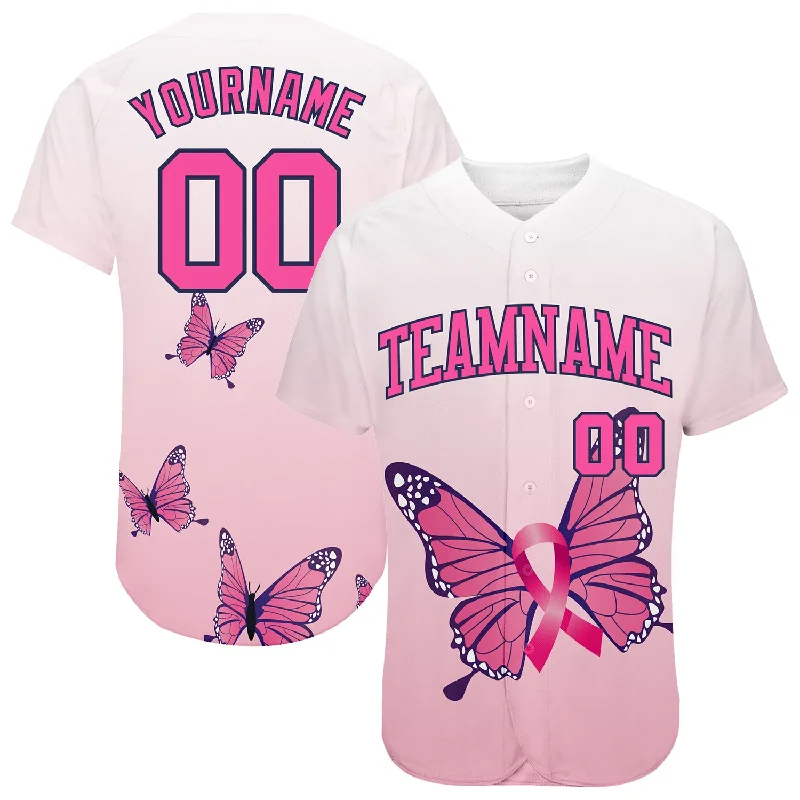 Custom Baseball Jerseys For Sports Conferences-Custom 3D Pink Ribbon Breast Cancer Awareness Month With Butterflies Women Health Care Support Authentic Baseball Jersey