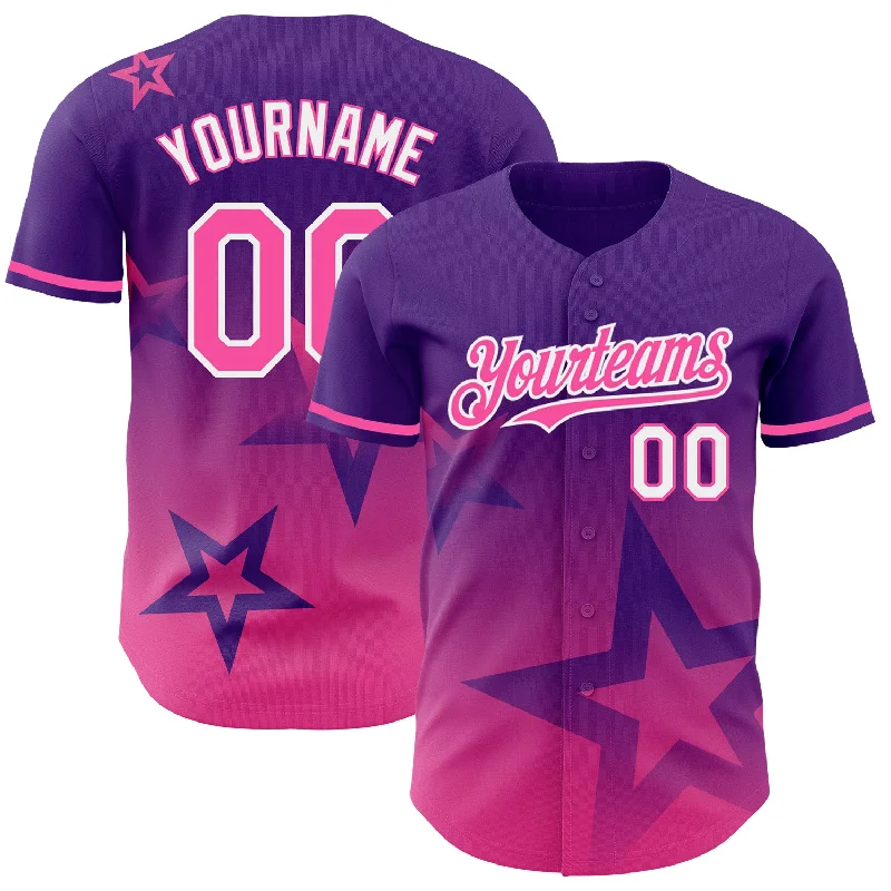 Custom Baseball Jerseys For Competitive Leagues-Custom Purple Pink-White 3D Pattern Design Gradient Style Twinkle Star Authentic Baseball Jersey