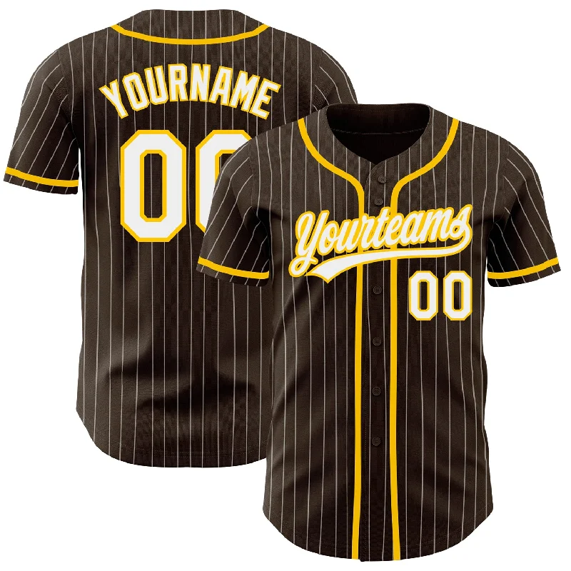 Personalized Baseball Jerseys For Charity Auctions-Custom Brown White Pinstripe Yellow Authentic Baseball Jersey