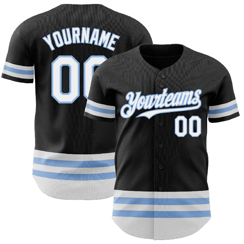 Custom Baseball Jerseys With Text & Logo-Custom Black White-Light Blue Line Authentic Baseball Jersey