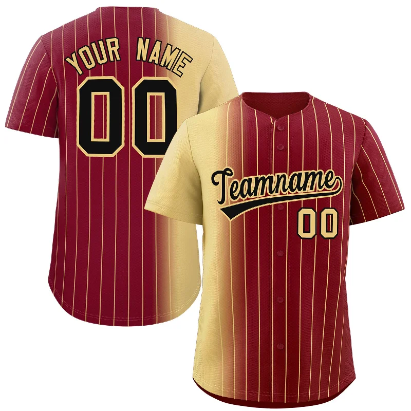 Personalized Baseball Jerseys For Custom Designs-Custom Crimson Khaki Pinstripe Personalized Gradient Authentic Baseball Jersey