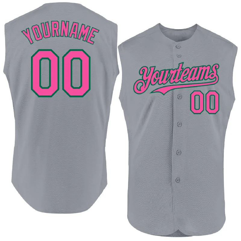 Custom Baseball Jerseys For International Teams-Custom Gray Pink-Kelly Green Authentic Sleeveless Baseball Jersey