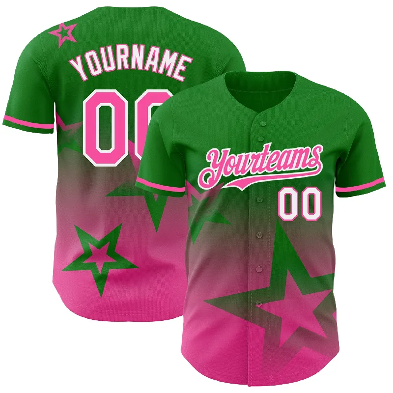 Personalized Baseball Jerseys For Team Photos-Custom Grass Green Pink-White 3D Pattern Design Gradient Style Twinkle Star Authentic Baseball Jersey