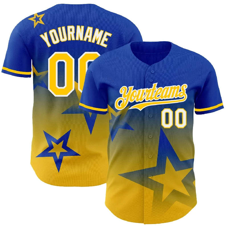 Baseball Jerseys With Embroidered Player Numbers-Custom Thunder Blue Yellow-White 3D Pattern Design Gradient Style Twinkle Star Authentic Baseball Jersey