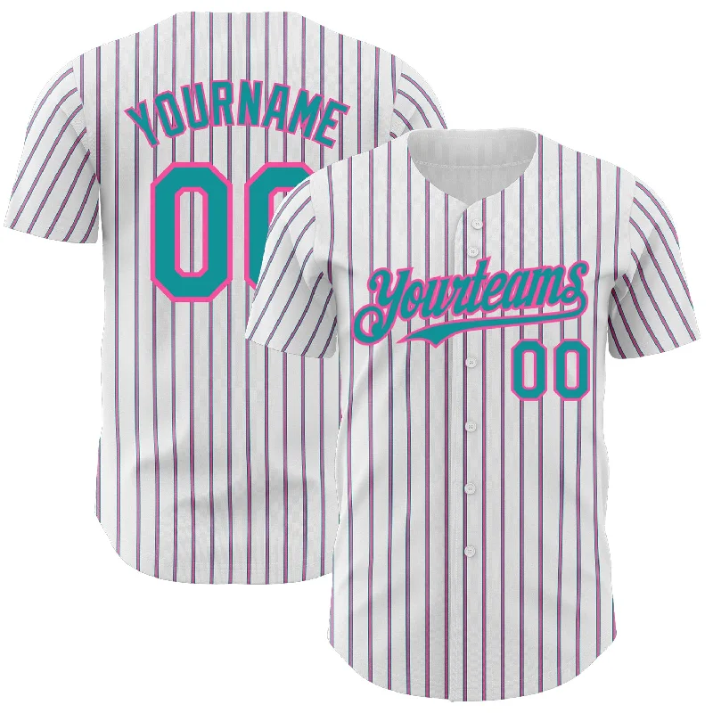 Personalized Baseball Jerseys For Alumni Teams-Custom White (Teal Pink Pinstripe) Teal-Pink Authentic Baseball Jersey