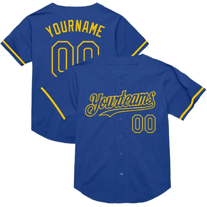 Personalized Baseball Jerseys For Fundraising Projects-Custom Royal Yellow Mesh Authentic Throwback Baseball Jersey